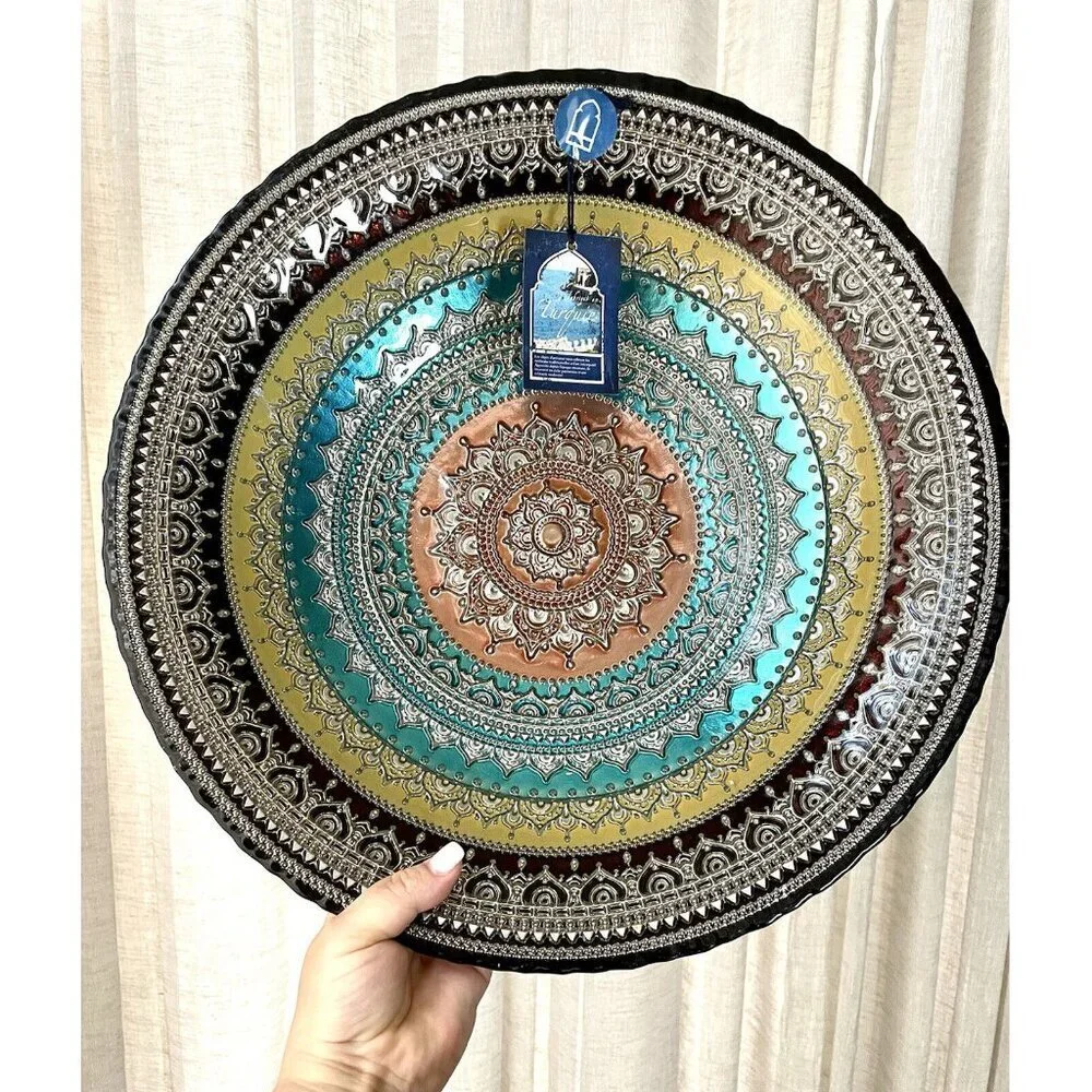 Turkish Glass Round Bowl Dinner Display Multi Color Oriental Lace 16” W XL